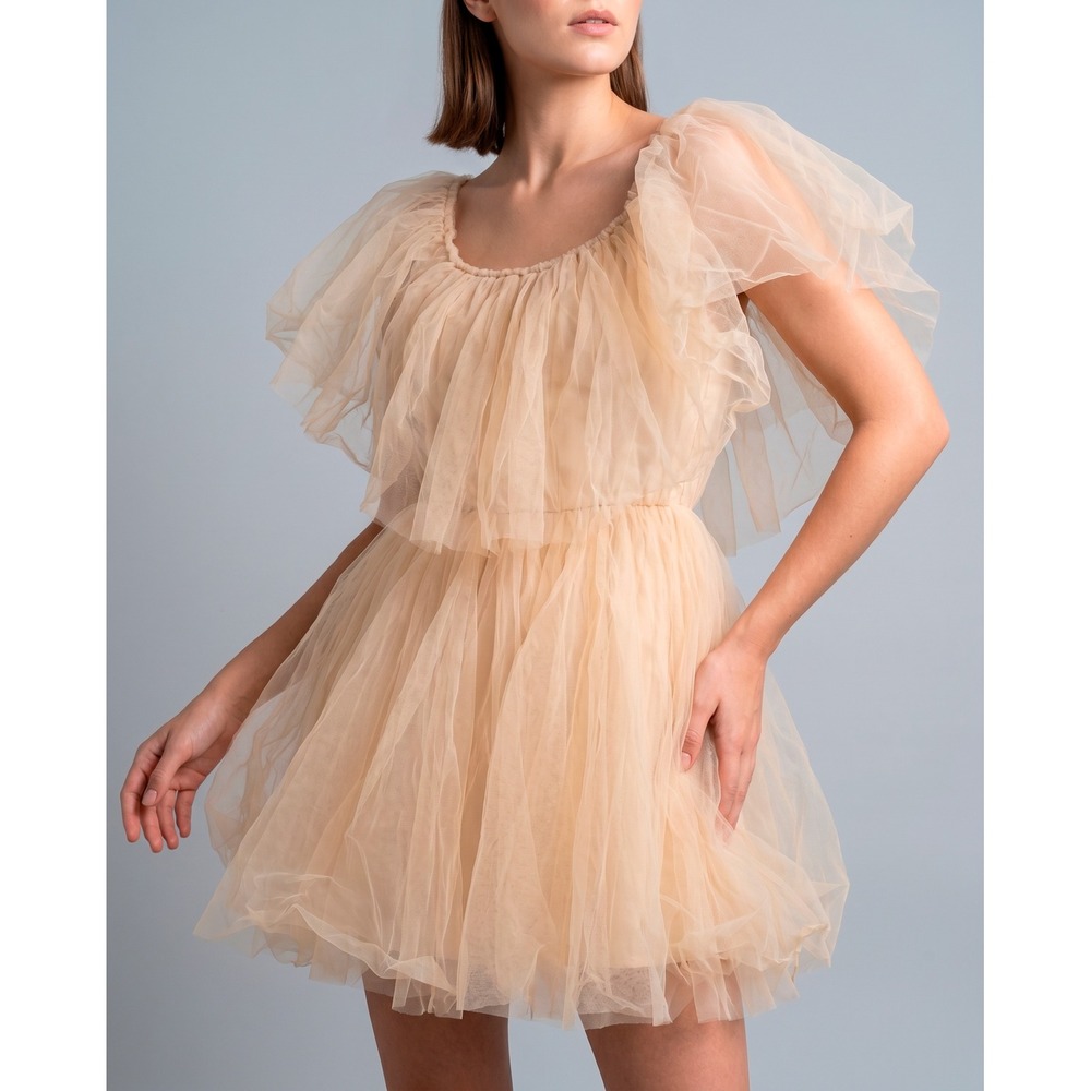 Maje Peach Tulle Mini Dress Size 2 Puff Sleeve Sheer Party Cocktail Romantic